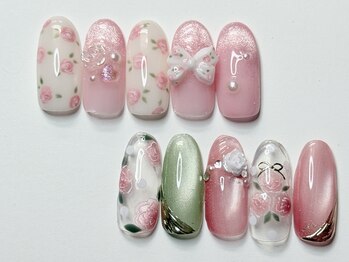 ジュエル(Jewel)の写真/浦和駅近Jewel◎ローズ柄×リボンの大人かわいい定額ネイル/春色ピンクで上品にオフ&ケア込
