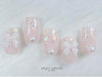 エンジェルガーデンネイル 池袋店(Angelgarden nail)/ラメネイル リボン ピンク