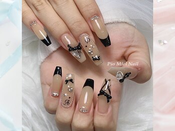 ピオミエルネイル 新宿(pio miel nail)/ブラックフレンチ×リボンベージ