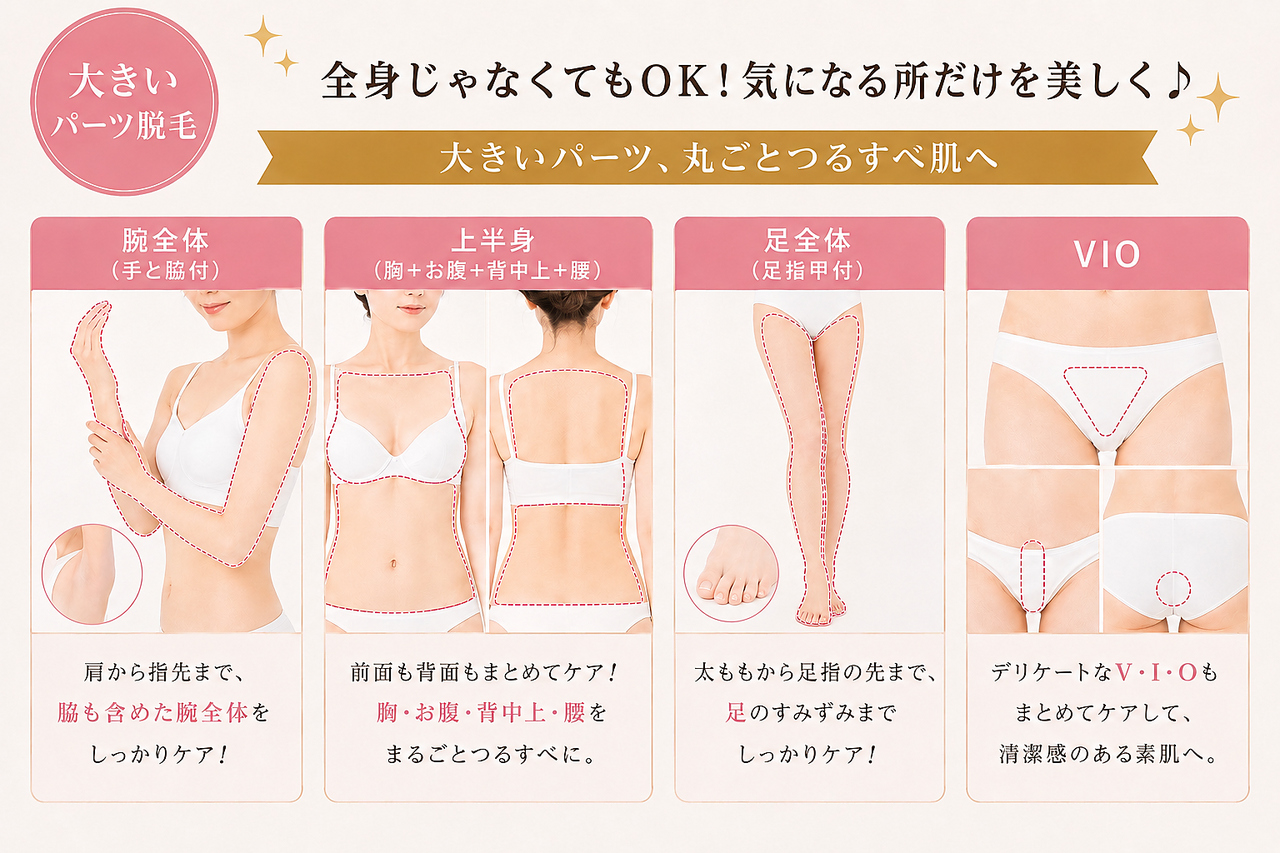 【女性】腕脱毛/脚脱毛/上半身脱毛/VIO脱毛の大きい範囲の脱毛