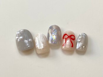ネイルメゾン 天神店(NAIL MAISON)/パールリボン赤グレー¥12500