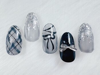 エンジェルガーデンネイル 池袋店(Angelgarden nail)/ブラック リボンネイル 韓国風