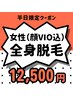 【平日限定】女性全身脱毛(顔VIO込) 12,500円