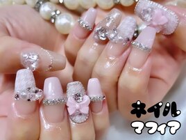 ガーリーネイル/千鳥柄/リボン