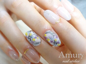 アミュリー ネイル アトリエ(Amury nail atelier)/手書きジェルフラワーネイル♪
