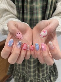 リボン　フラワー手描きネイル☆
