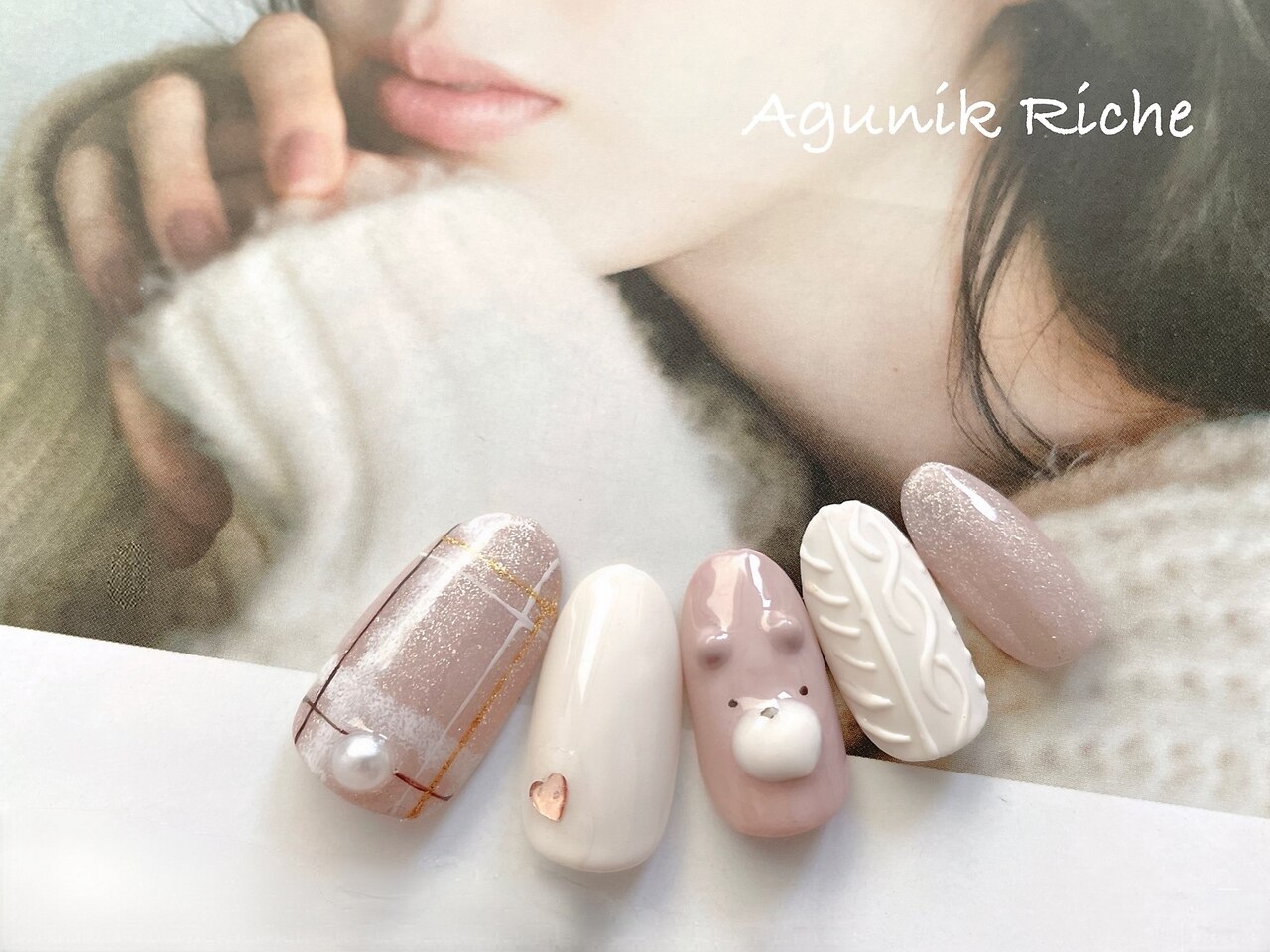 【着画あり】くまネイル　アーガイル柄ネイル　癒しネイル　シンプルネイル 着画あり】くまネイル アーガイル柄ネイル 癒しネイル シンプルネイル