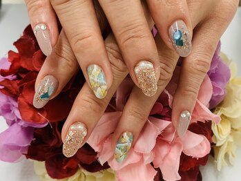 ダブルネイル(Double Nail)/【ほり】シェル×大理石ネイル