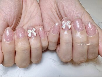 エンジェルガーデンネイル 池袋店(Angelgarden nail)/キラキラピンク色+リボン