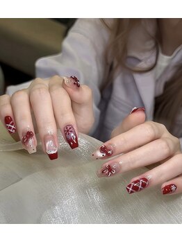 ハラ(Hara)/チェック　リボン　雪　冬ネイル