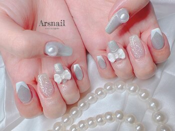 アルスネイル(Ars nail)/キラキラグレーリボンネイル