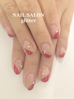 ネイルサロン グリッター(NAIL SALON glitter)/ボルドー変形フレンチネイル