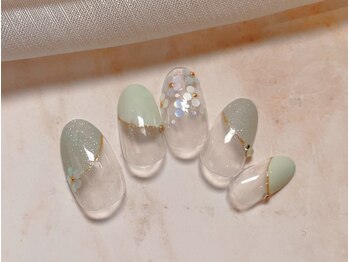 ルームヘアネイル 曙橋店(Room hair nail)/くすみグリーン×ホロフラワー