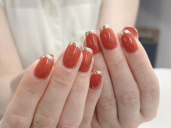 秋ネイルオレンジミラーフレンチ