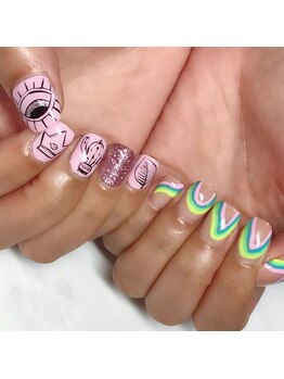 トータルビューティーサロン カメレオン(CHAMELEON)/手書きアート★レインボーネイル