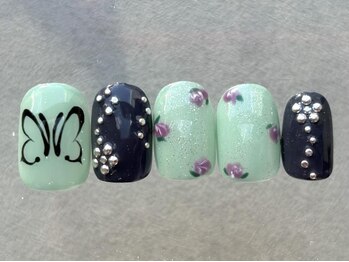 ネイルメゾン 天神店(NAIL MAISON)/蝶々お花グリーン¥8000