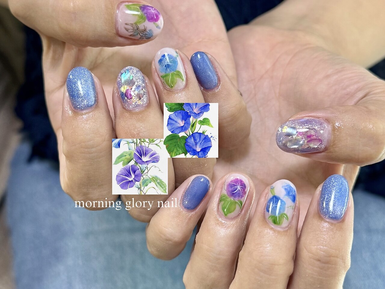 オーダーネイルチップ バラネイル 水色ネイル ブルーネイル ガーリー