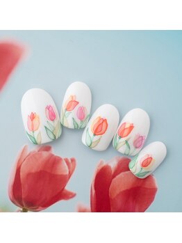 手描き水彩チューリップネイル