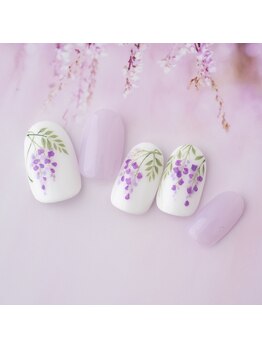 押し花手描き藤の花ネイル