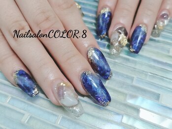 ネイルサロン カラーエイト(Nailsalon COLOR.8)/スカルプ、キラキラ、ブルー