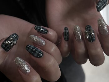 チェック×リボン