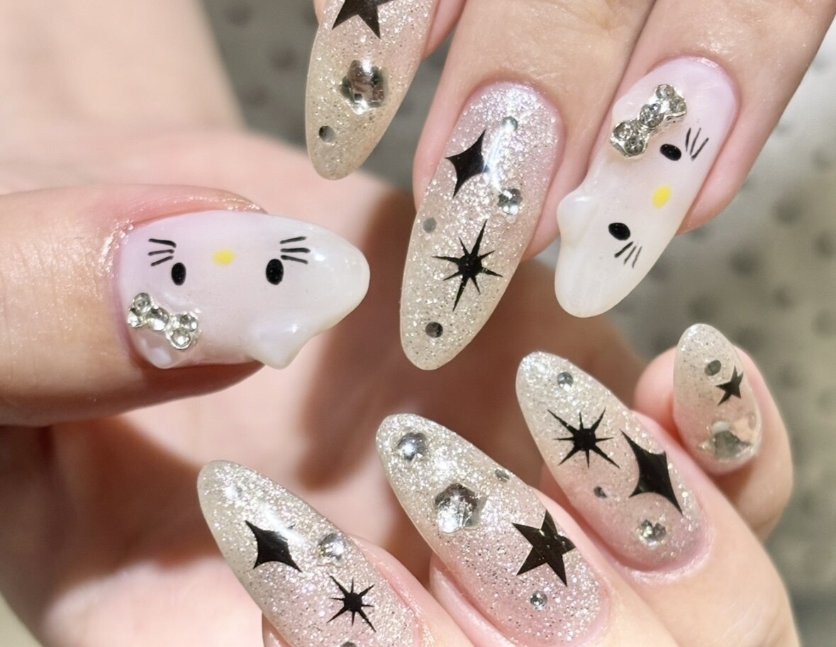 ［14］ネイルチップ リボン 韓国 らくがき ホログラム ハート オーダー 14］ネイルチップ リボン 韓国 らくがき ホログラム ハート