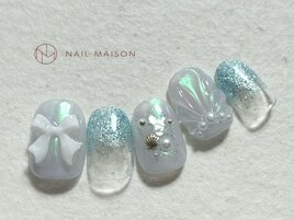 リボン貝殻くすみカラーネイル