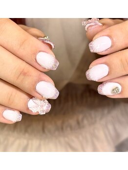 淡色ラメフレンチ/リボンパーツ