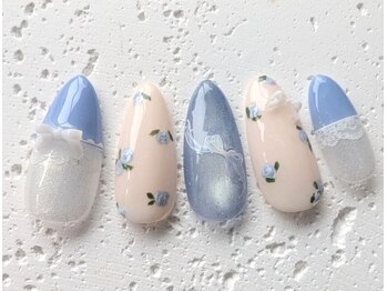 ジュネル/リボン×お花のガーリーネイル