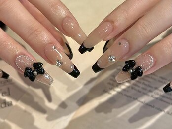 アイネイルズ 三宮店(I nails)/黒フレンチリボン¥9500
