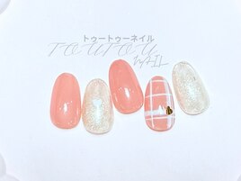 ベージュピンクxチェックxハート