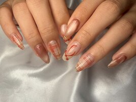 チェックネイル　リボン　秋