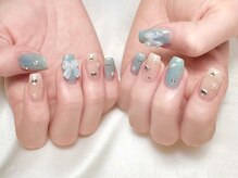 ヒールネイル(heal nail)/blue×beige×ribbon×stone～