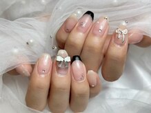 プティ アイビューティ 北浜店(peTiT eyebeauty)/黒フレンチ　リボンネイル