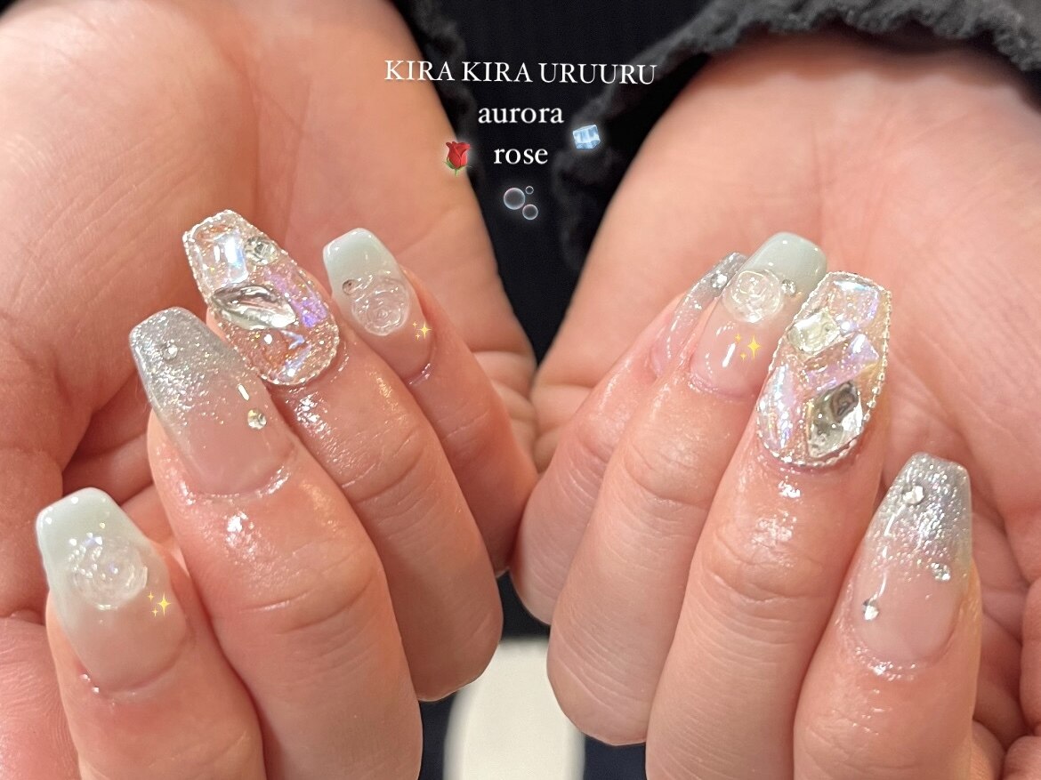 オーダーネイルチップNo.71 薔薇ミラーアート マグネット宝石 オーダーネイルチップNo.71 薔薇ミラーアート マグネット宝石