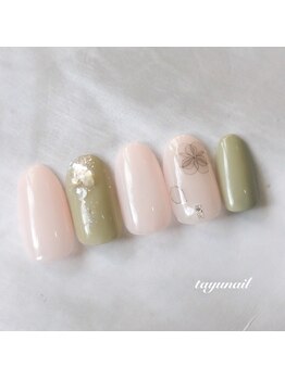 たゆ ネイル(たゆnail)/カーキグリーンお花ネイル