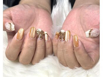 アムレート ネイル 蕨(Amuleto NaiL)の写真/秋色マグネットカラーにゴールドの3Dリボンを添えて、華やかな指先へ！