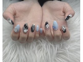 チェックネイル/くすみブルー