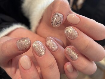 落書きネイル リボン キラキラ