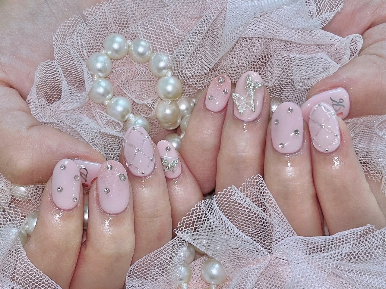 【No.022】ネイルチップ♡ピンクネイル♡ハートネイル♡ツイード♡リボンネイル 013】ネイルチップ ミラーハート リボン キラキラ ピンク