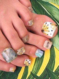 向日葵&大理石ネイル