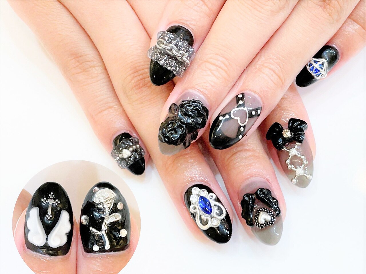 ネイルチップ 量産型 ワンホン 韓国 チーク 黒 ロングネイル #116