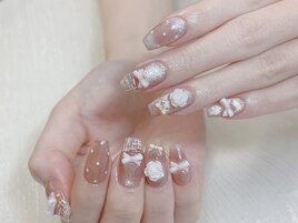 薔薇とリボン秋のツイードネイル