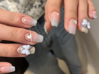 ノラネイル ウメダ(NORA nail UMEDA)/水色リボンキラキラネイル