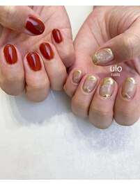 秋色とゴールド変形フレンチ