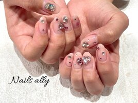 宝石ネイル×ハート×ワンホン