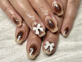 ジュリネイル(JULIE NAIL)/ブラウンチーク×リボン