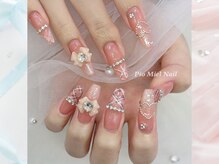 ピオミエルネイル 新宿(pio miel nail)/ピンク×ツイードビジューリボン
