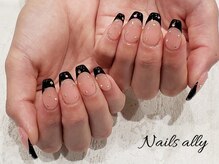 ネイルズアリー 立川店(Nails ally)/ブラックフレンチ×宝石ネイル