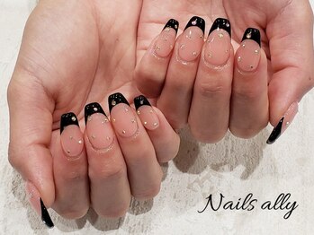 ネイルズアリー 立川店(Nails ally)/ブラックフレンチ×宝石ネイル